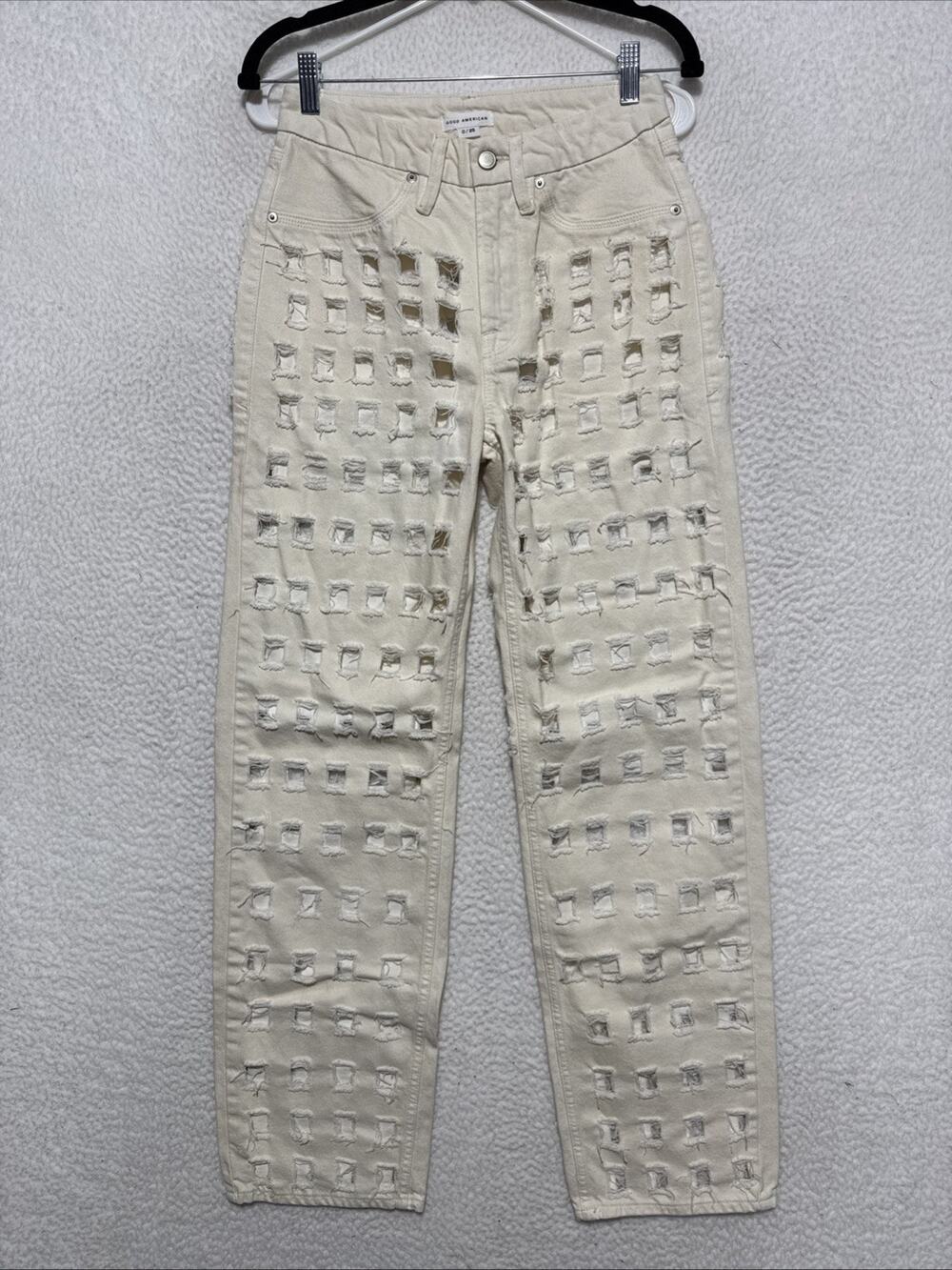Good American Womens 0/25 Icon Lazer Cutout Grunge High Waisted Jeans NWOT Cream